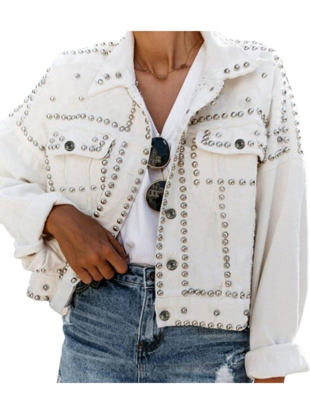 Women’s White Cropped Studded Rivet Western Distressed Imported Jean Jacket